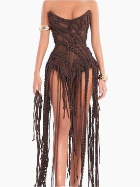 Albina Dyla Brown Braided Fringe Strapless Dress